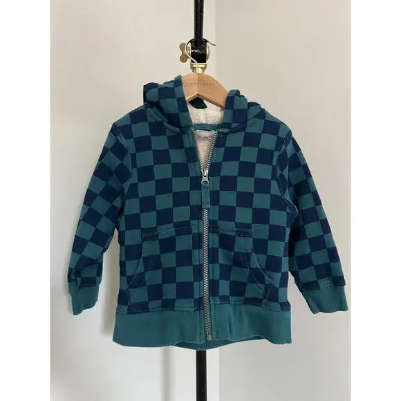 Hanna Andersson Sherpa Lined Teal Checkered Zip Hoodie - Picture 1 of 4